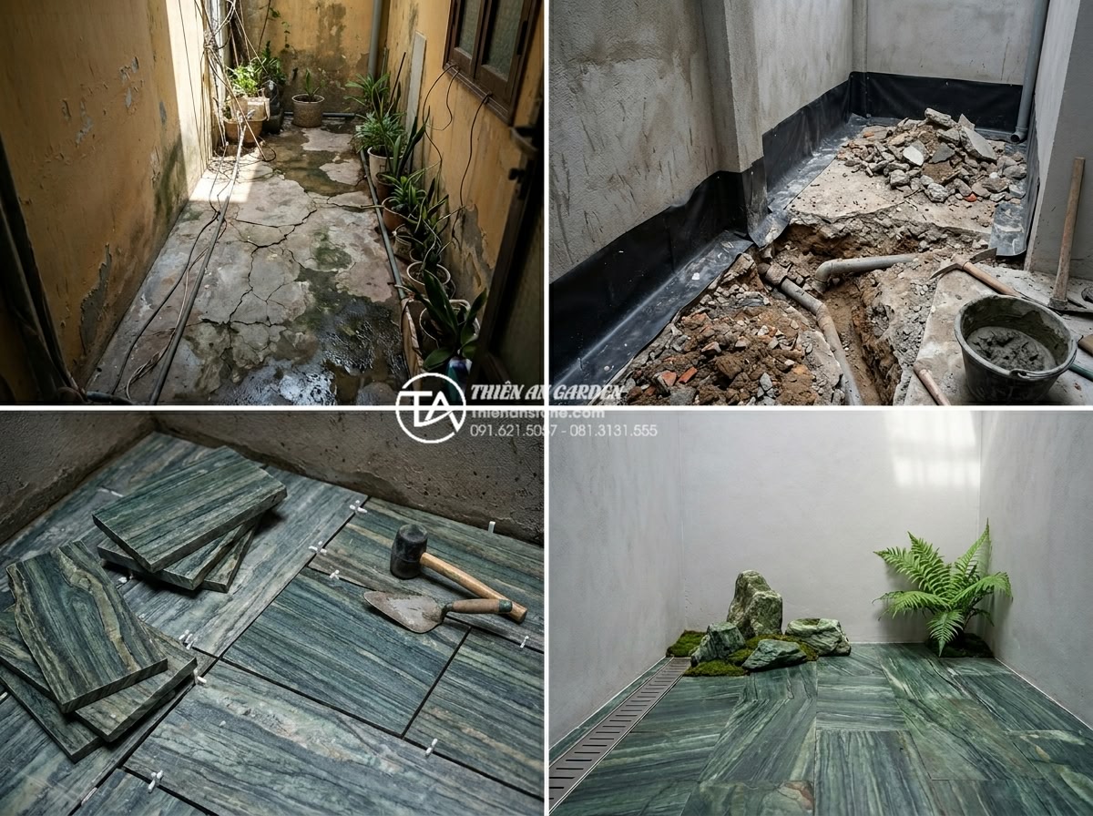 Lỗi thường gặp khi thi công tiểu cảnh giếng trời và cách khắc phục - Hình 17 Lỗi thường gặp khi thi công tiểu cảnh giếng trời và cách khắc phục - Comprehensive before-during-after renovation sequence of fixing common sky well
