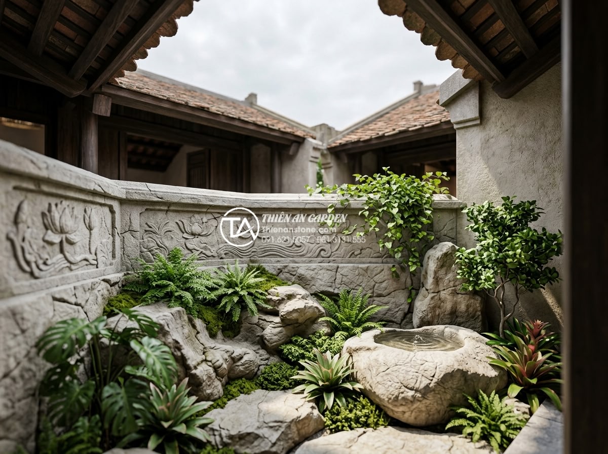 Lỗi thường gặp khi thi công tiểu cảnh giếng trời và cách khắc phục - Hình 6 Lỗi thường gặp khi thi công tiểu cảnh giếng trời và cách khắc phục - Detailed 3D rendering and real-life implementation of an aesthetically balanced