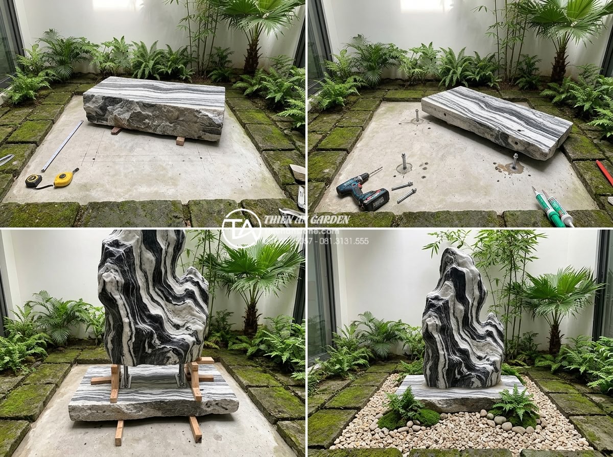 Lỗi thường gặp khi thi công tiểu cảnh giếng trời và cách khắc phục - Hình 9 Lỗi thường gặp khi thi công tiểu cảnh giếng trời và cách khắc phục - Step-by-step construction sequence of professional stone carving installation wi
