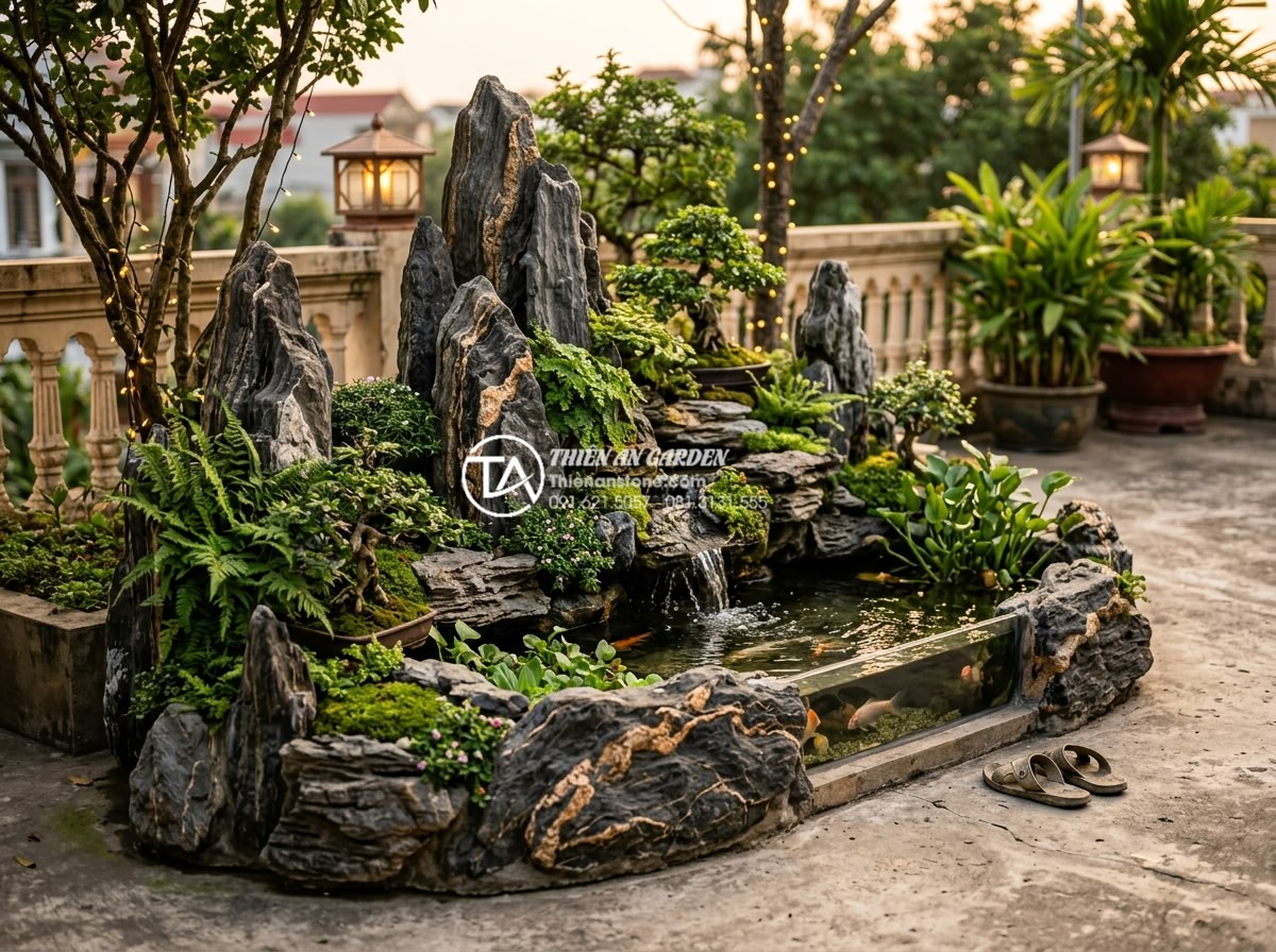 Lưu ý đặc biệt khi thi công tiểu cảnh trên nền sân bê tông có sẵn - Hình 10 Lưu ý đặc biệt khi thi công tiểu cảnh trên nền sân bê tông có sẵn - Serene long-term maintenance scene of a mature miniature garden on concrete pati