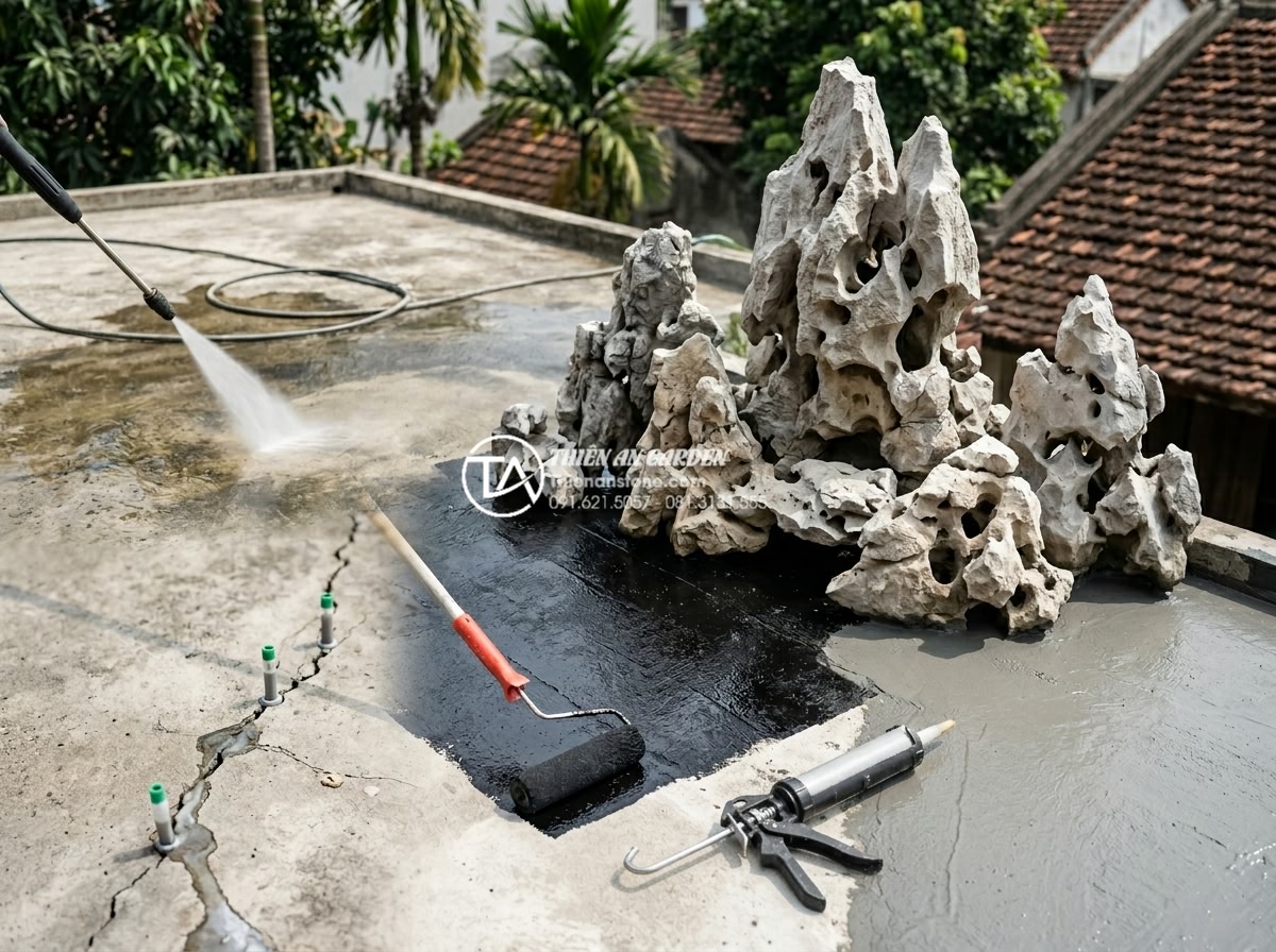 Lưu ý đặc biệt khi thi công tiểu cảnh trên nền sân bê tông có sẵn - Hình 2 Lưu ý đặc biệt khi thi công tiểu cảnh trên nền sân bê tông có sẵn - High-detail technical photo of concrete patio surface preparation for miniature