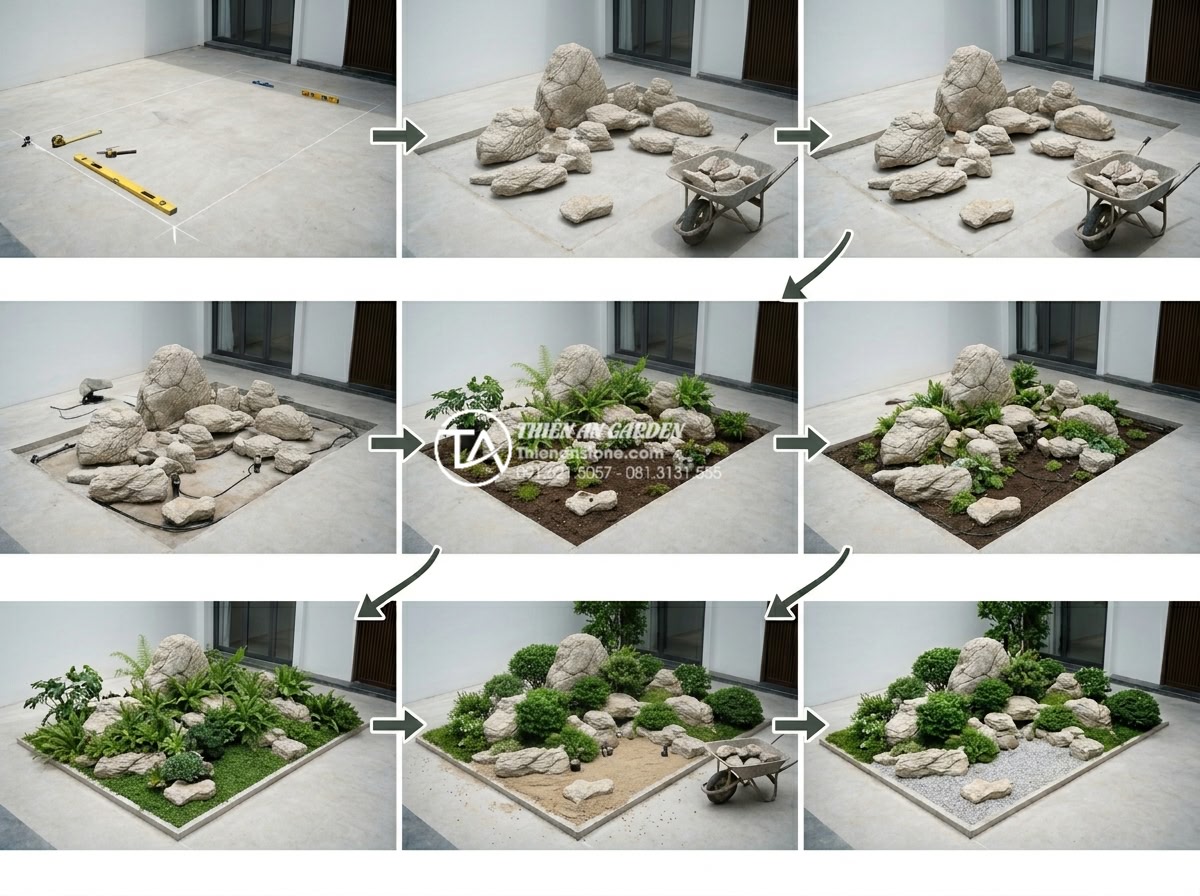 Lưu ý đặc biệt khi thi công tiểu cảnh trên nền sân bê tông có sẵn - Hình 8 Lưu ý đặc biệt khi thi công tiểu cảnh trên nền sân bê tông có sẵn - Complete 7-step construction timeline infographic style photo for miniature gard