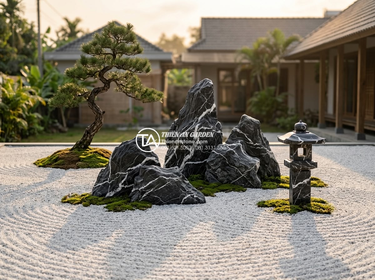 Mẫu thiết kế tiểu cảnh sân sau phong cách Nhật Bản tối giản Zen Garden - Hình 1 Mẫu thiết kế tiểu cảnh sân sau phong cách Nhật Bản tối giản Zen Garden - Photorealistic image of a minimalist Japanese Zen garden in a residential backya