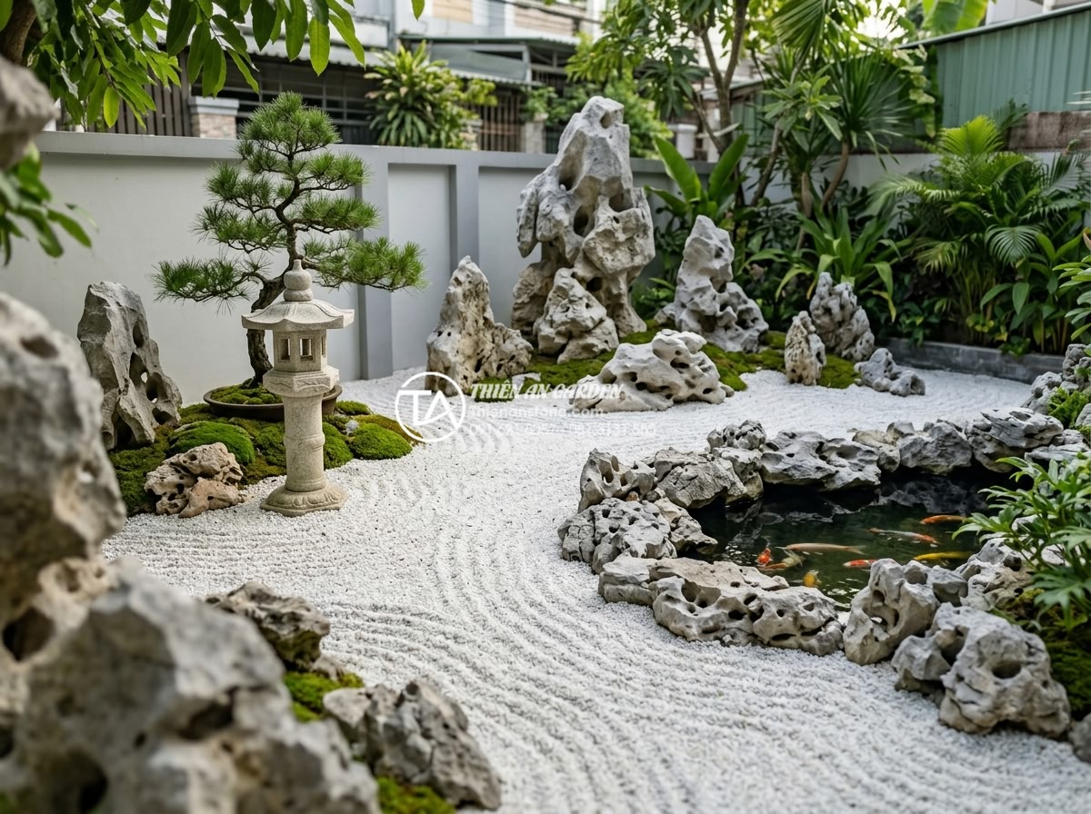 Mẫu thiết kế tiểu cảnh sân sau phong cách Nhật Bản tối giản Zen Garden - Hình 4 Mẫu thiết kế tiểu cảnh sân sau phong cách Nhật Bản tối giản Zen Garden - Photorealistic wide-angle view of a compact Japanese Zen garden in a small urban