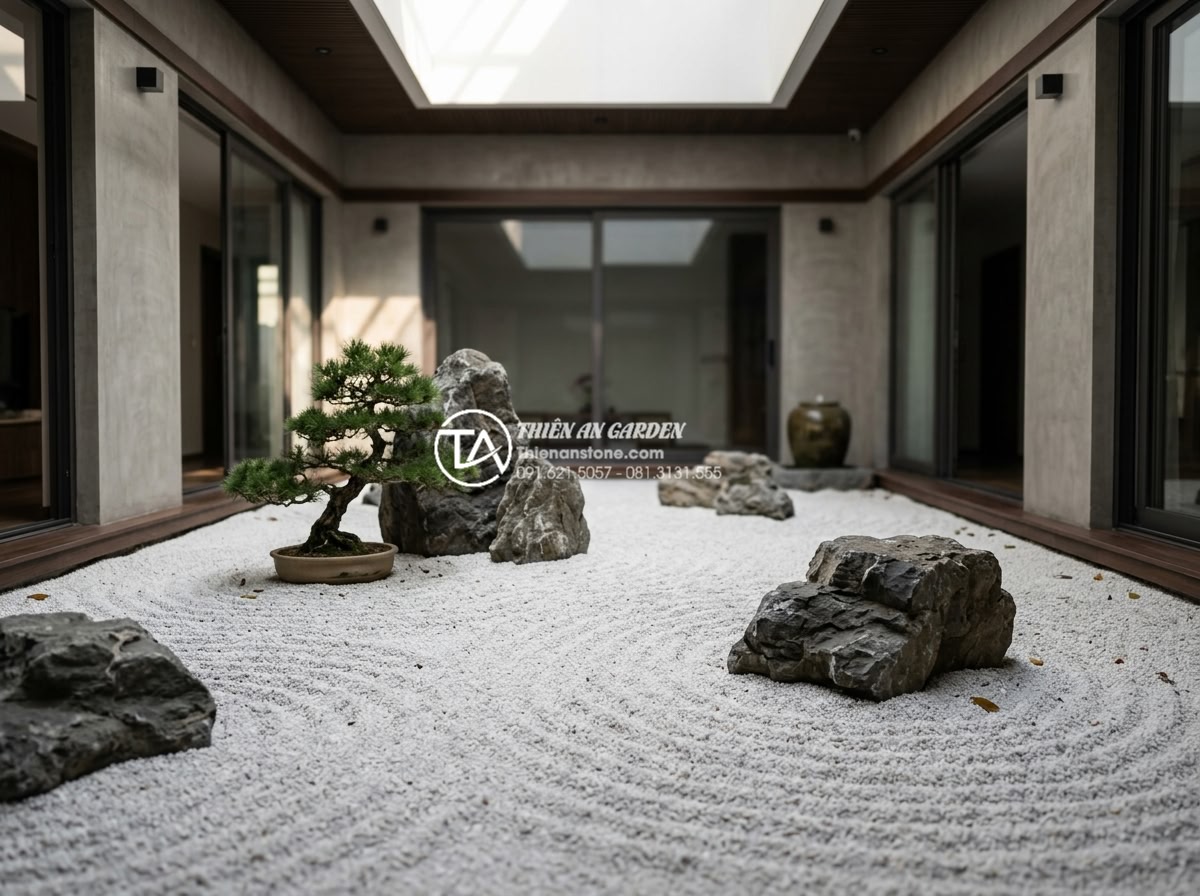 Mẫu tiểu cảnh giếng trời phong cách Nhật Bản tối giản bằng đá - Hình 1 Mẫu tiểu cảnh giếng trời phong cách Nhật Bản tối giản bằng đá - Minimalist Japanese Zen garden atrium courtyard with natural basalt rocks, white