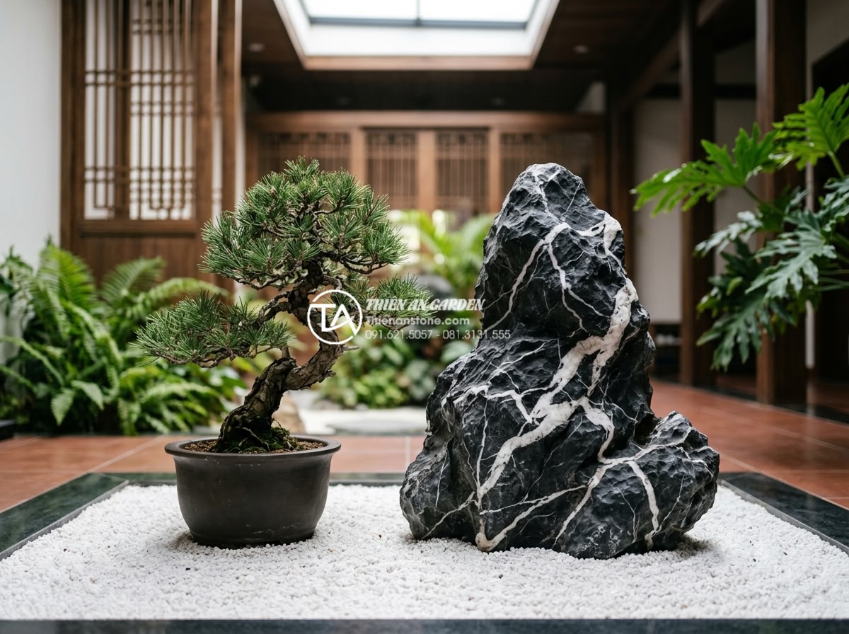 Mẫu tiểu cảnh giếng trời phong cách Nhật Bản tối giản bằng đá - Hình 10 Mẫu tiểu cảnh giếng trời phong cách Nhật Bản tối giản bằng đá - Close-up of minimal Japanese garden elements including bonsai tree next to natur