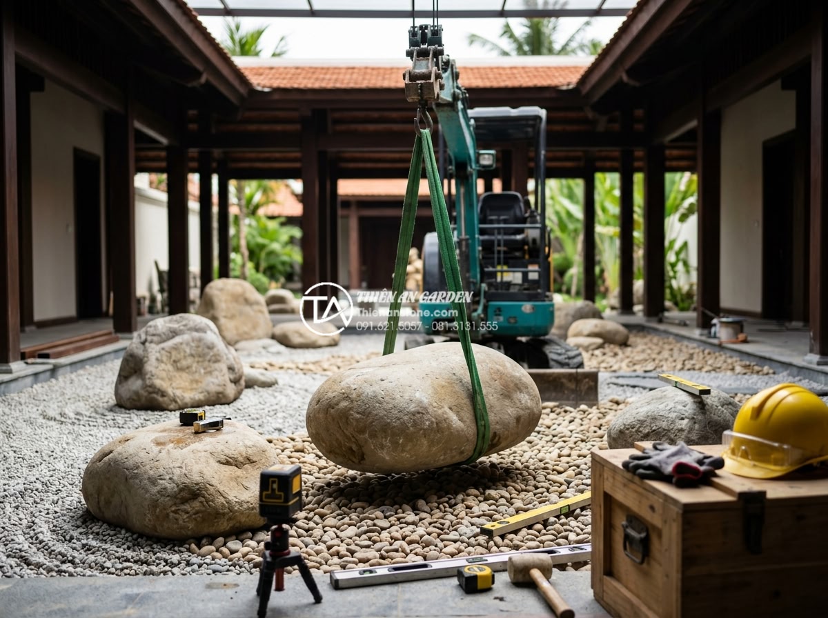 Mẫu tiểu cảnh giếng trời phong cách Nhật Bản tối giản bằng đá - Hình 11 Mẫu tiểu cảnh giếng trời phong cách Nhật Bản tối giản bằng đá - Professional construction process of Japanese stone garden atrium showing worker