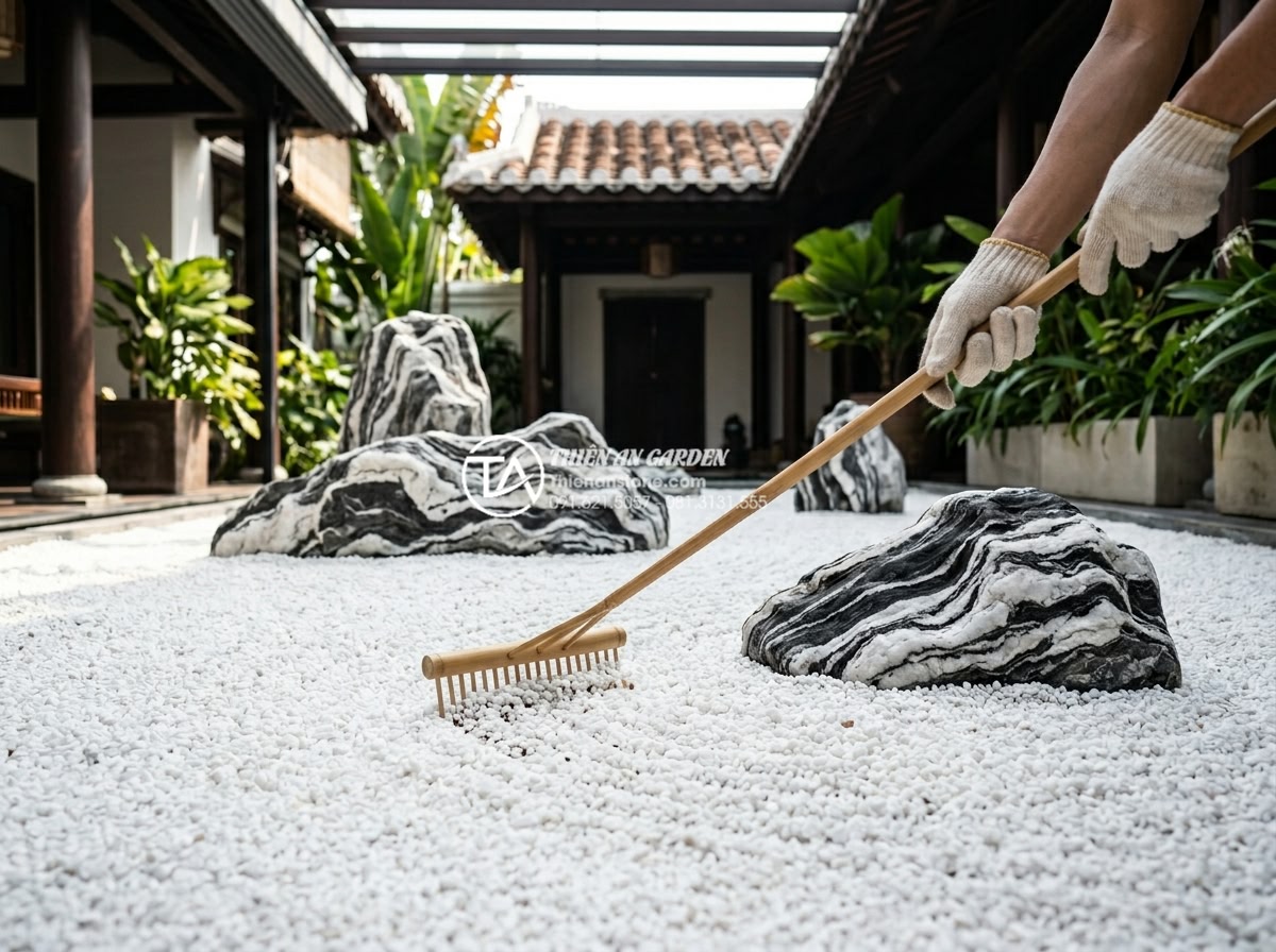 Mẫu tiểu cảnh giếng trời phong cách Nhật Bản tối giản bằng đá - Hình 15 Mẫu tiểu cảnh giếng trời phong cách Nhật Bản tối giản bằng đá - Maintenance worker gently raking white gravel in a Japanese zen garden atrium wi