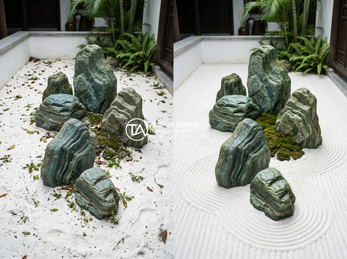 Mẫu tiểu cảnh giếng trời phong cách Nhật Bản tối giản bằng đá - Hình 16 Mẫu tiểu cảnh giếng trời phong cách Nhật Bản tối giản bằng đá - Before and after maintenance of stone garden showing clean stones and fresh rake