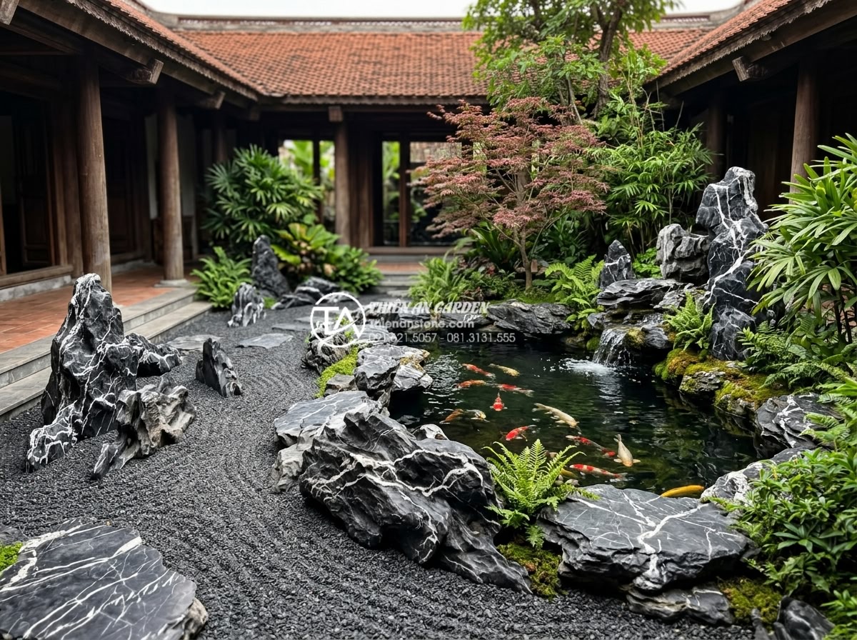 Mẫu tiểu cảnh giếng trời phong cách Nhật Bản tối giản bằng đá - Hình 17 Mẫu tiểu cảnh giếng trời phong cách Nhật Bản tối giản bằng đá - Integrated Japanese style courtyard with stone garden atrium connected to small