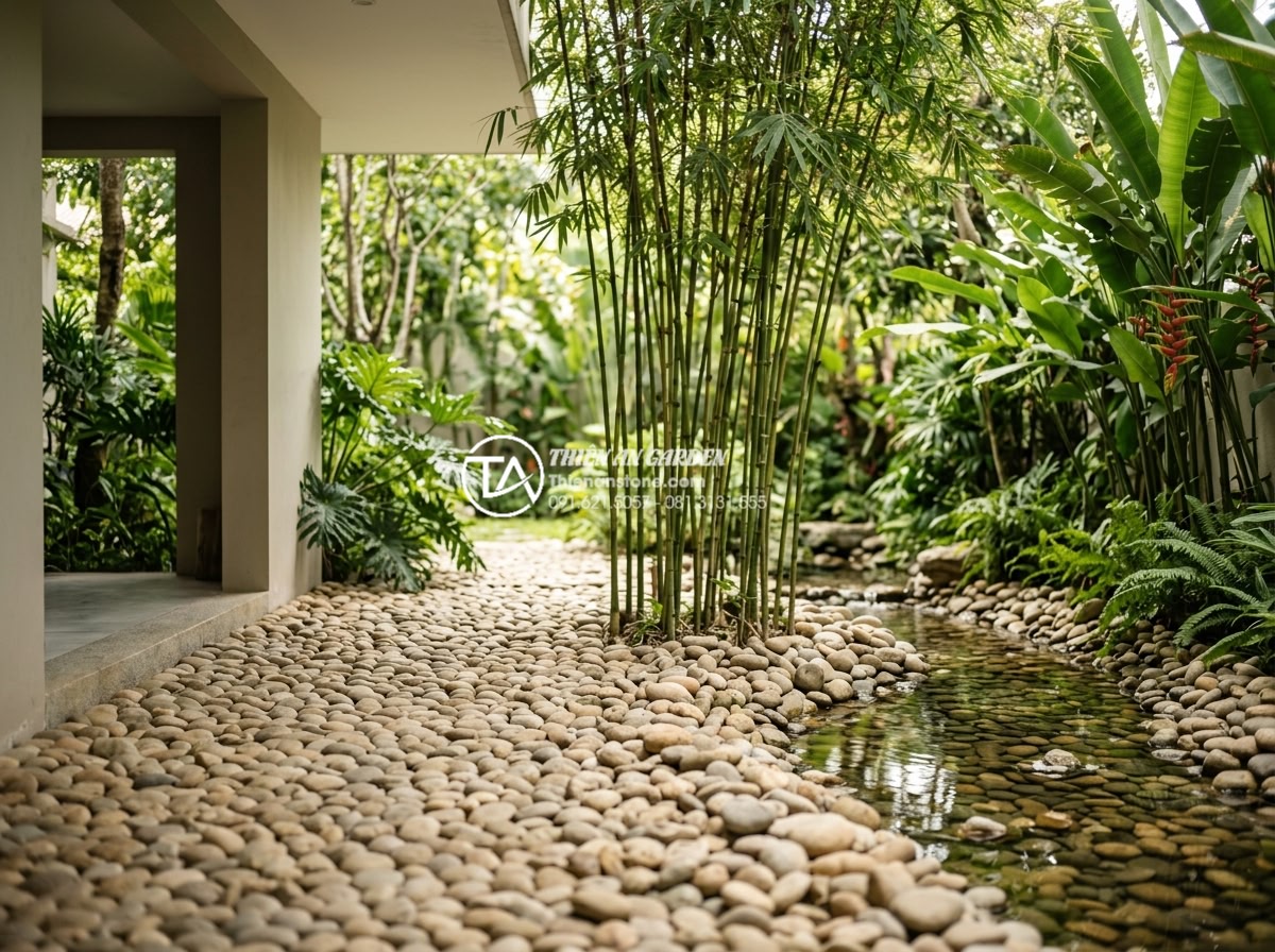 Mẫu tiểu cảnh giếng trời phong cách Nhật Bản tối giản bằng đá - Hình 18 Mẫu tiểu cảnh giếng trời phong cách Nhật Bản tối giản bằng đá - Harmonious blend of minimalist stone atrium with surrounding tropical garden fea