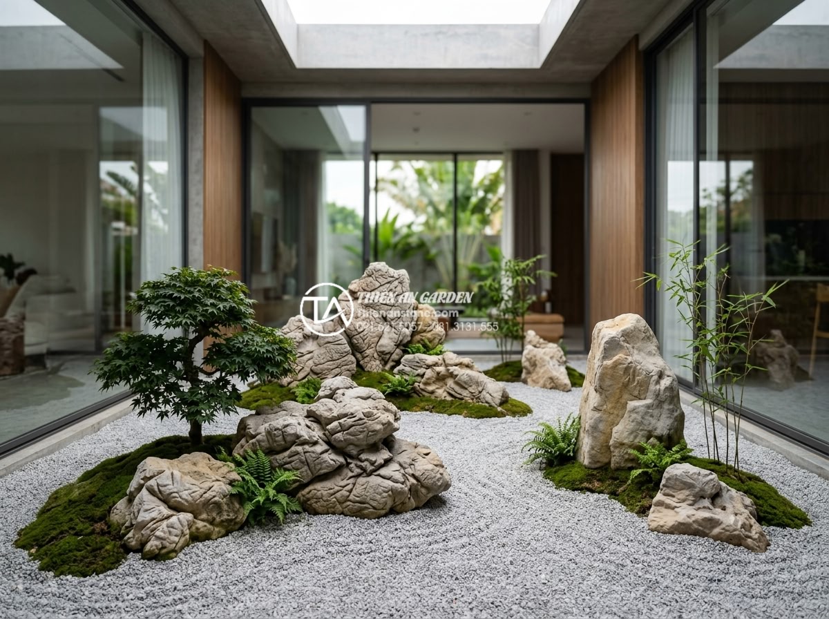 Mẫu tiểu cảnh giếng trời phong cách Nhật Bản tối giản bằng đá - Hình 19 Mẫu tiểu cảnh giếng trời phong cách Nhật Bản tối giản bằng đá - Professional team from Da Canh Thien An working on a completed Japanese minimali