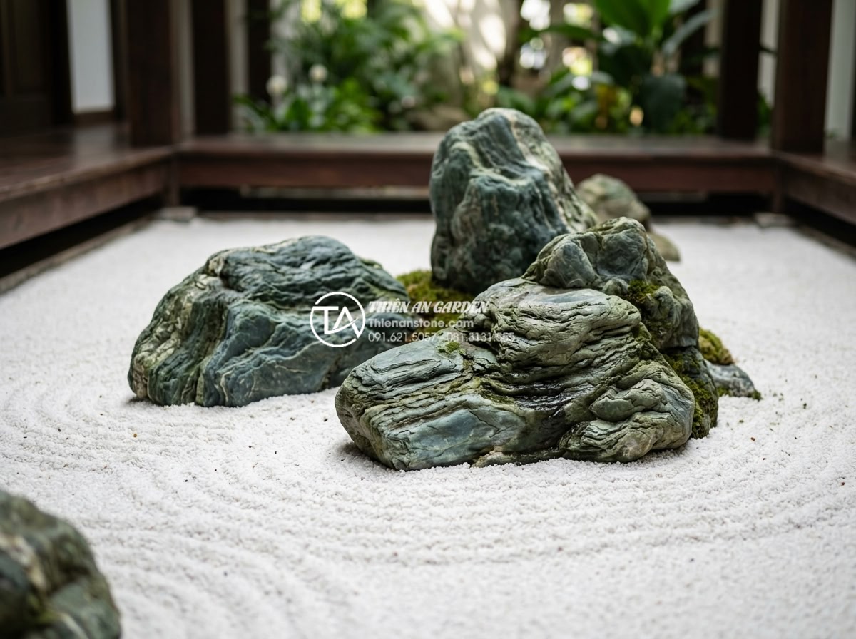 Mẫu tiểu cảnh giếng trời phong cách Nhật Bản tối giản bằng đá - Hình 2 Mẫu tiểu cảnh giếng trời phong cách Nhật Bản tối giản bằng đá - Close-up view of hand-selected natural stones arranged asymmetrically in a Japan