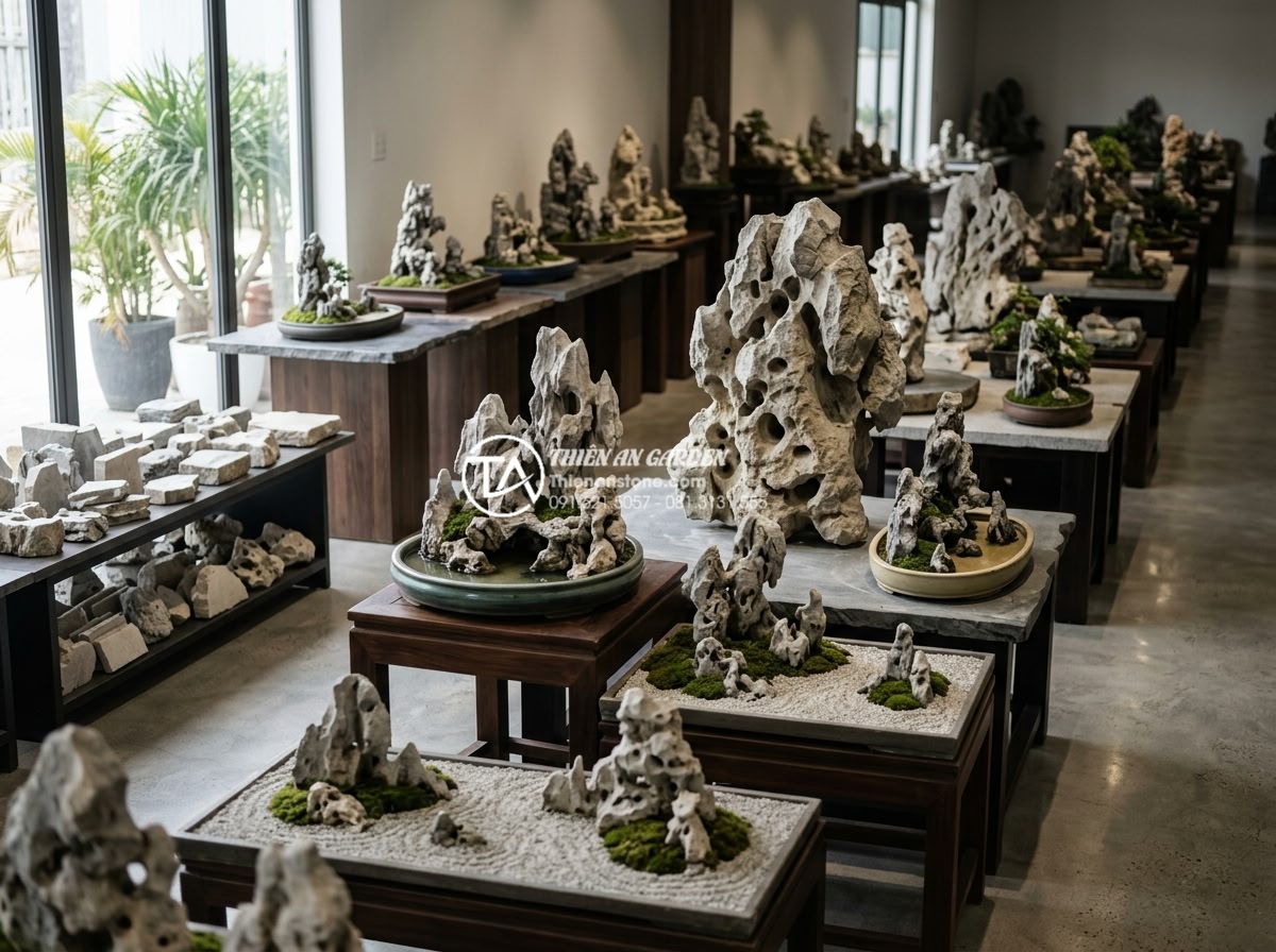Mẫu tiểu cảnh giếng trời phong cách Nhật Bản tối giản bằng đá - Hình 20 Mẫu tiểu cảnh giếng trời phong cách Nhật Bản tối giản bằng đá - Showroom display of various natural stone samples and finished Japanese garden m