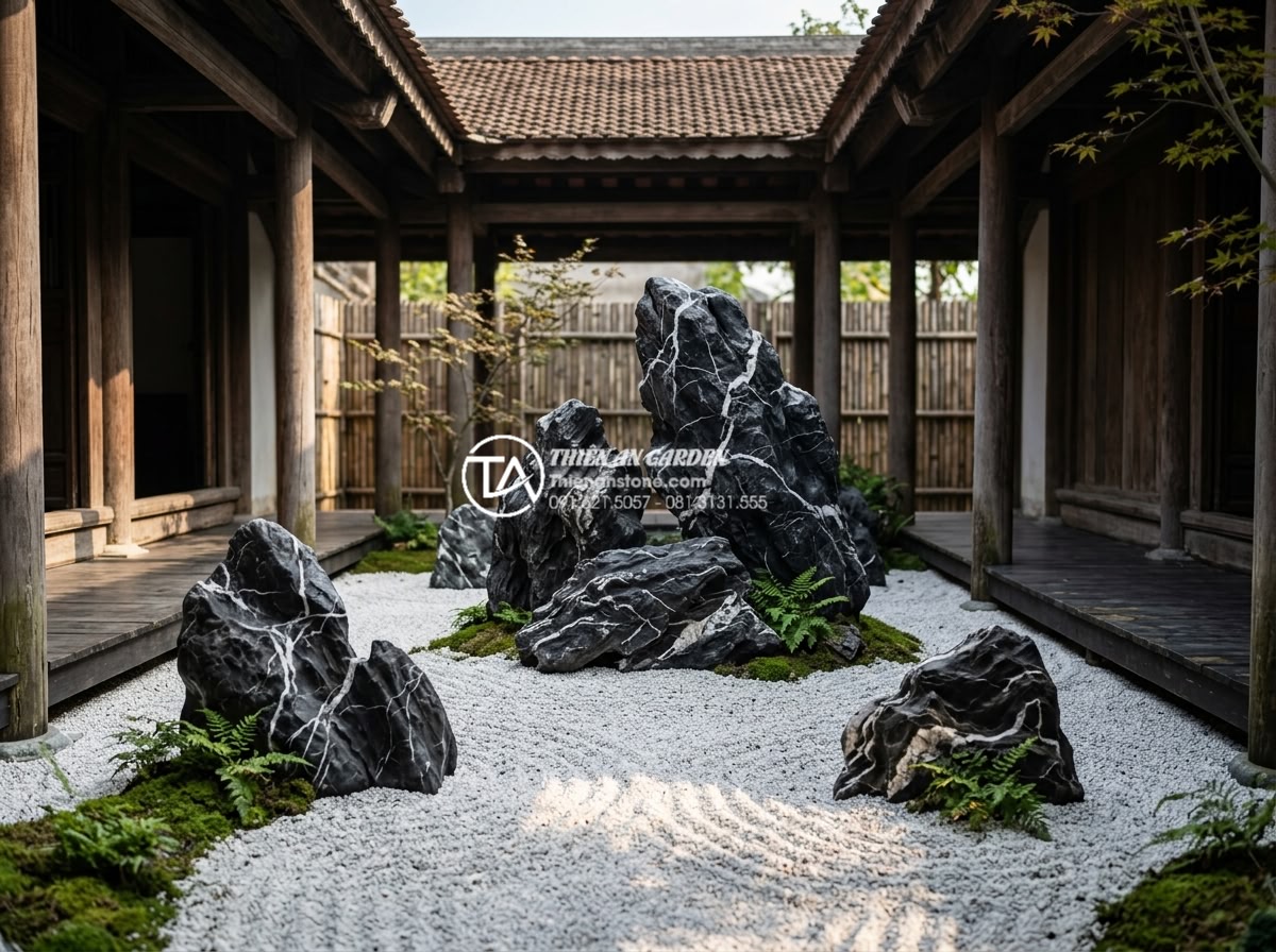 Mẫu tiểu cảnh giếng trời phong cách Nhật Bản tối giản bằng đá - Hình 3 Mẫu tiểu cảnh giếng trời phong cách Nhật Bản tối giản bằng đá - Japanese minimalist atrium with large natural granite rocks positioned asymmetri