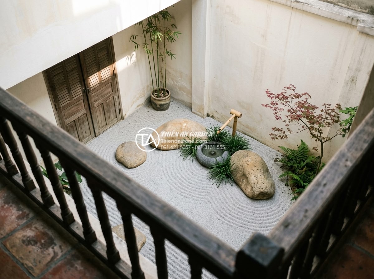 Mẫu tiểu cảnh giếng trời phong cách Nhật Bản tối giản bằng đá - Hình 4 Mẫu tiểu cảnh giếng trời phong cách Nhật Bản tối giản bằng đá - Zen-inspired small courtyard garden in Japanese style featuring carefully placed