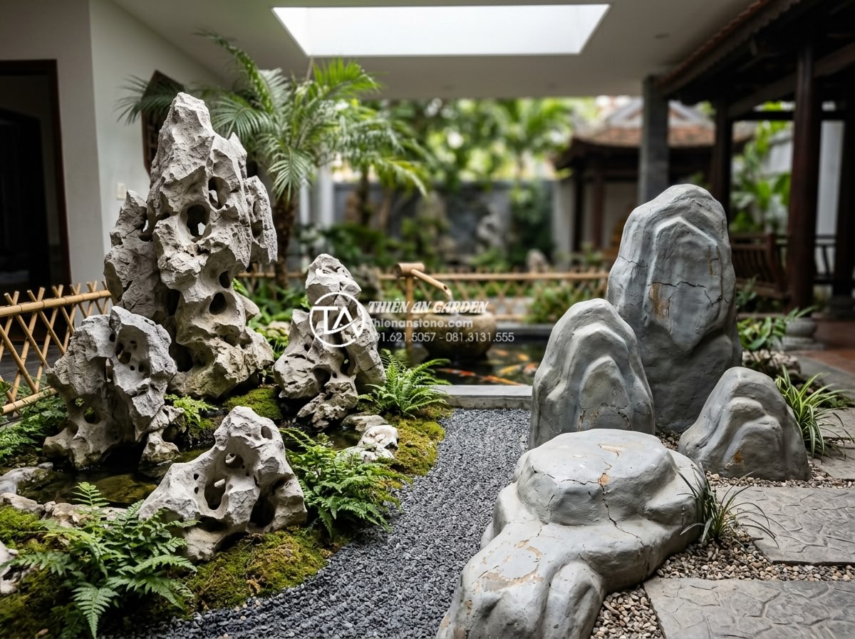 Mẫu tiểu cảnh giếng trời phong cách Nhật Bản tối giản bằng đá - Hình 6 Mẫu tiểu cảnh giếng trời phong cách Nhật Bản tối giản bằng đá - Detailed comparison style image showing natural stone versus artificial material