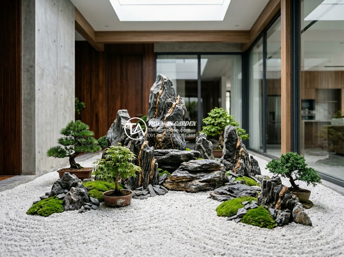 Mẫu tiểu cảnh giếng trời phong cách Nhật Bản tối giản bằng đá - Hình 7 Mẫu tiểu cảnh giếng trời phong cách Nhật Bản tối giản bằng đá - Luxury villa Japanese minimalist atrium garden with multiple layers of natural c