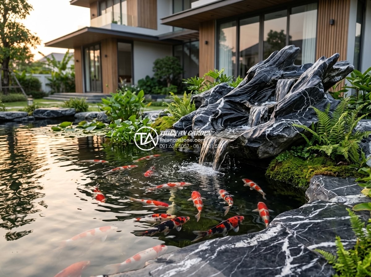 Nên chọn tiểu cảnh khô hay tiểu cảnh nước cho không gian trước nhà? - Professional high-resolution image of an elegant water landscape (tieu canh nuoc