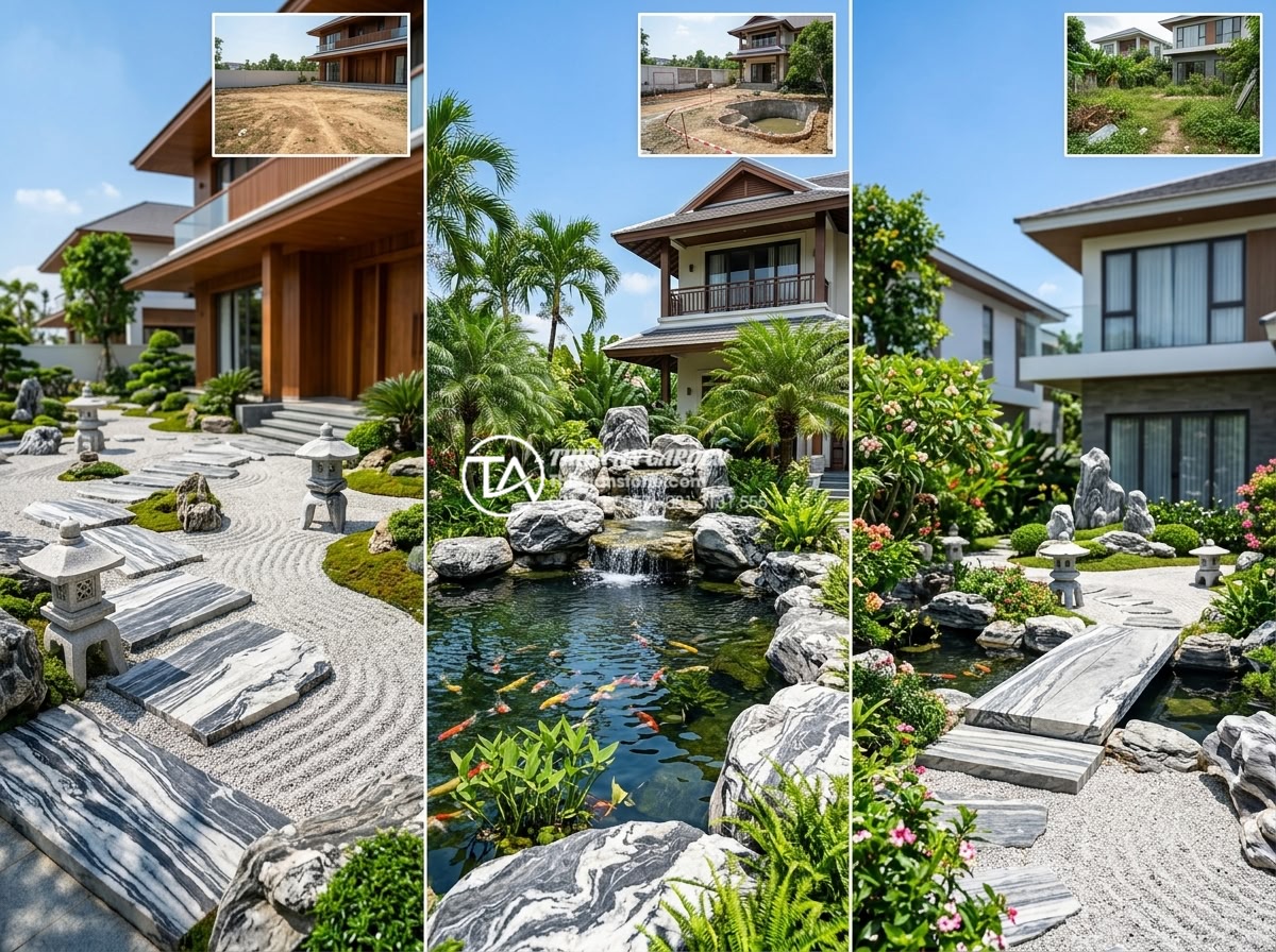Nên chọn tiểu cảnh khô hay tiểu cảnh nước cho không gian trước nhà? - Stunning portfolio photograph of multiple completed Vietnamese front yard projec