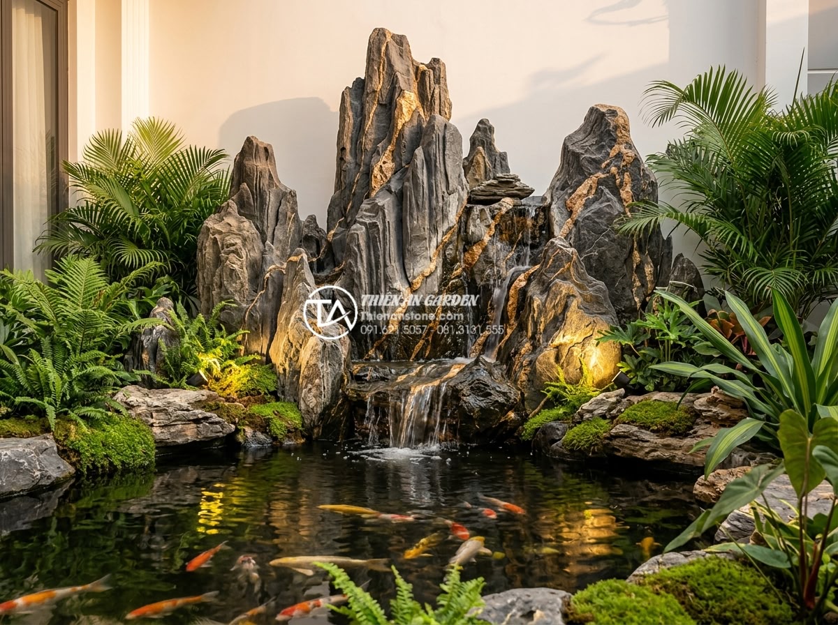 Nên chọn tiểu cảnh nước hay tiểu cảnh khô cho sân sau nhà ống? - Serene Vietnamese narrow townhouse backyard at golden hour featuring elegant nat