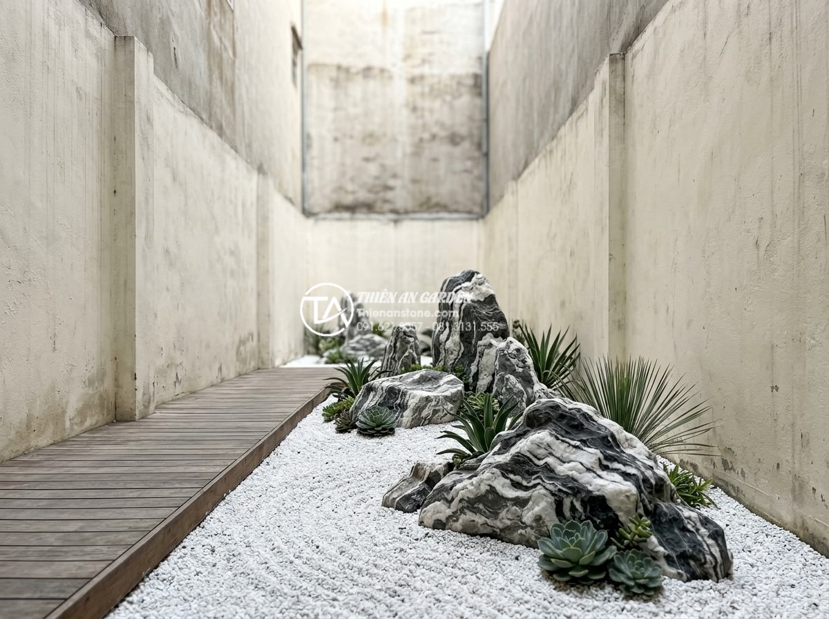 Nên chọn tiểu cảnh nước hay tiểu cảnh khô cho sân sau nhà ống? - Modern minimalist dry landscape in narrow Vietnamese townhouse backyard, featuri