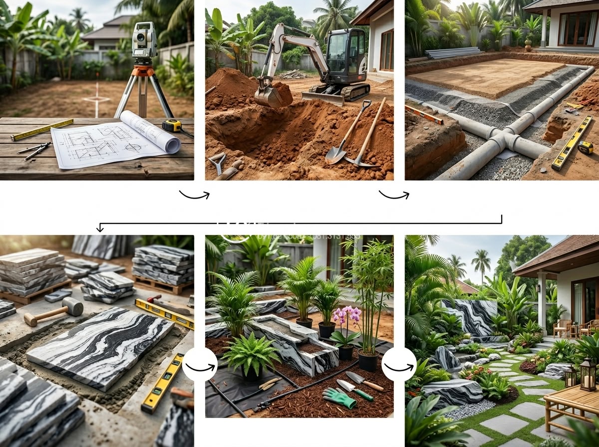Nên chọn tiểu cảnh nước hay tiểu cảnh khô cho sân sau nhà ống? - Step-by-step professional construction process infographic for Vietnamese backya