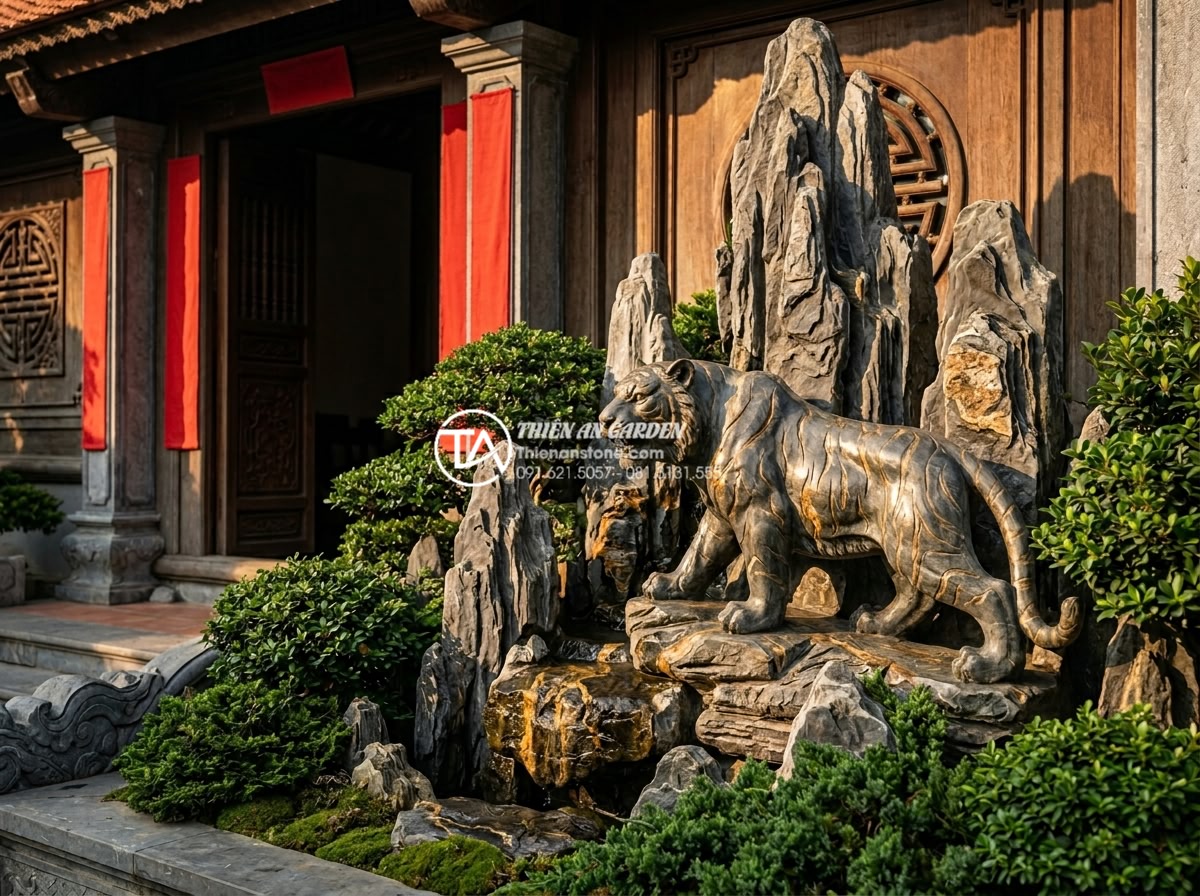Nên đặt tiểu cảnh bên trái hay bên phải cửa chính để chiêu tài tiến bảo? - Professional architectural visualization of natural stone small landscape positi