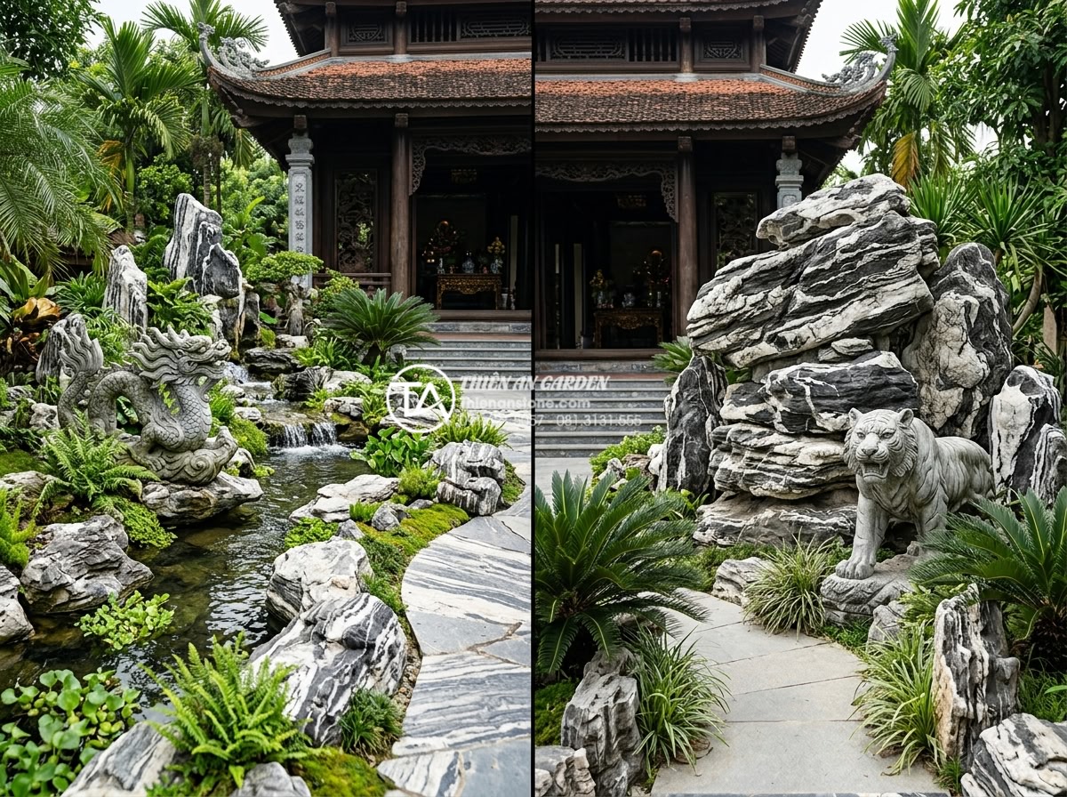 Nên đặt tiểu cảnh bên trái hay bên phải cửa chính để chiêu tài tiến bảo? - Split comparison image showing two options for natural stone small landscape at 