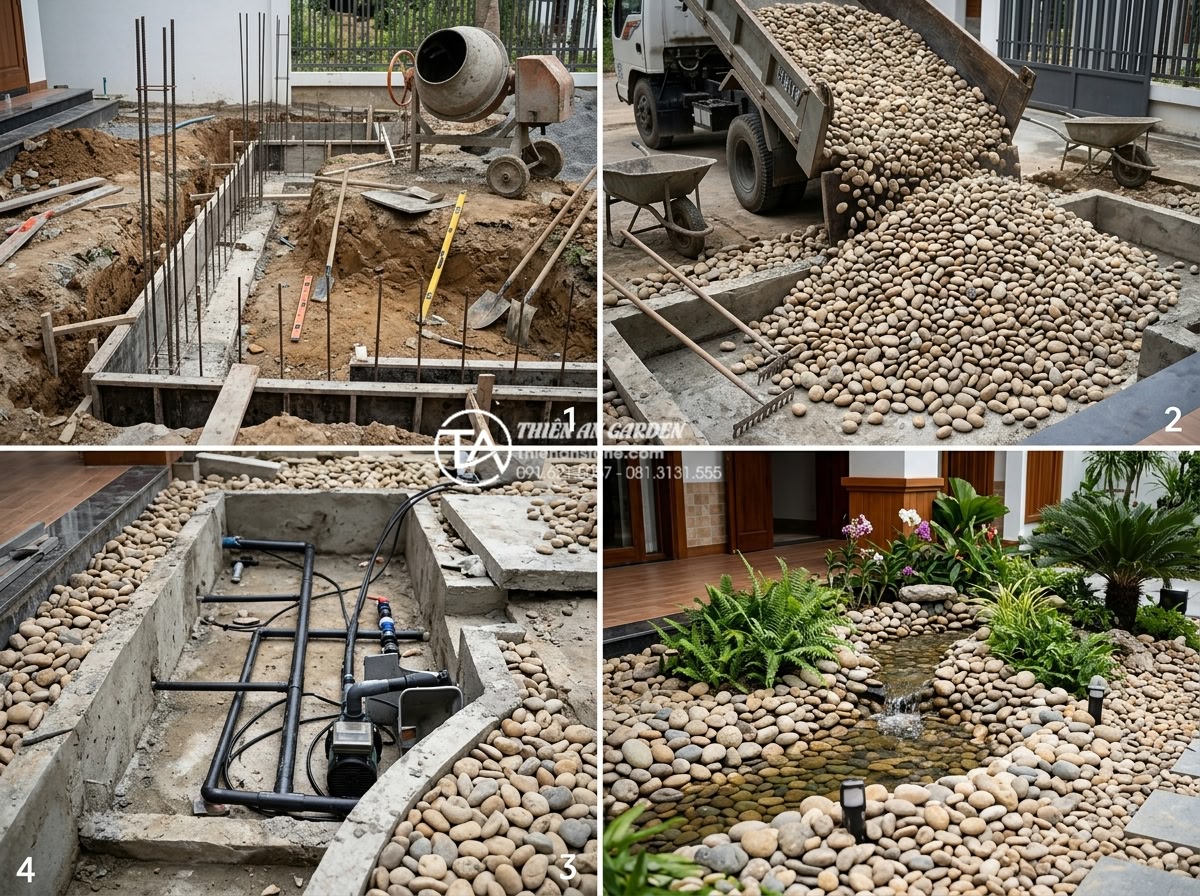 Nên đặt tiểu cảnh bên trái hay bên phải cửa chính để chiêu tài tiến bảo? - Step-by-step construction process of natural stone small landscape at villa entr