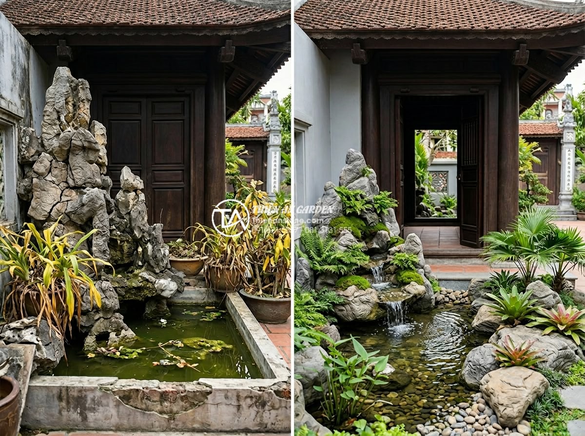 Nên đặt tiểu cảnh bên trái hay bên phải cửa chính để chiêu tài tiến bảo? - Before and after comparison of common Feng Shui mistakes in natural stone small 