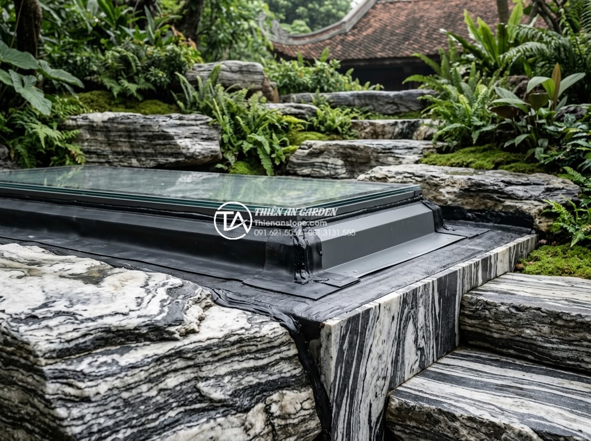 Nên dùng kính cường lực hay tấm nhựa lấy sáng cho mái che giếng trời? - Waterproofing details of skylight installation over natural stone landscape elem