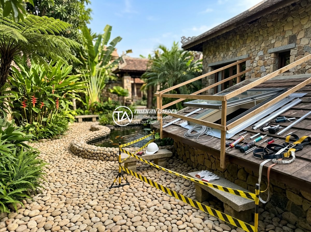 Nên dùng kính cường lực hay tấm nhựa lấy sáng cho mái che giếng trời? - Professional installation process of skylight roof with safety measures in a sto