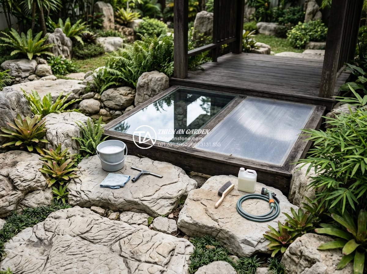 Nên dùng kính cường lực hay tấm nhựa lấy sáng cho mái che giếng trời? - Maintenance guide illustration for both glass and plastic skylight materials in 