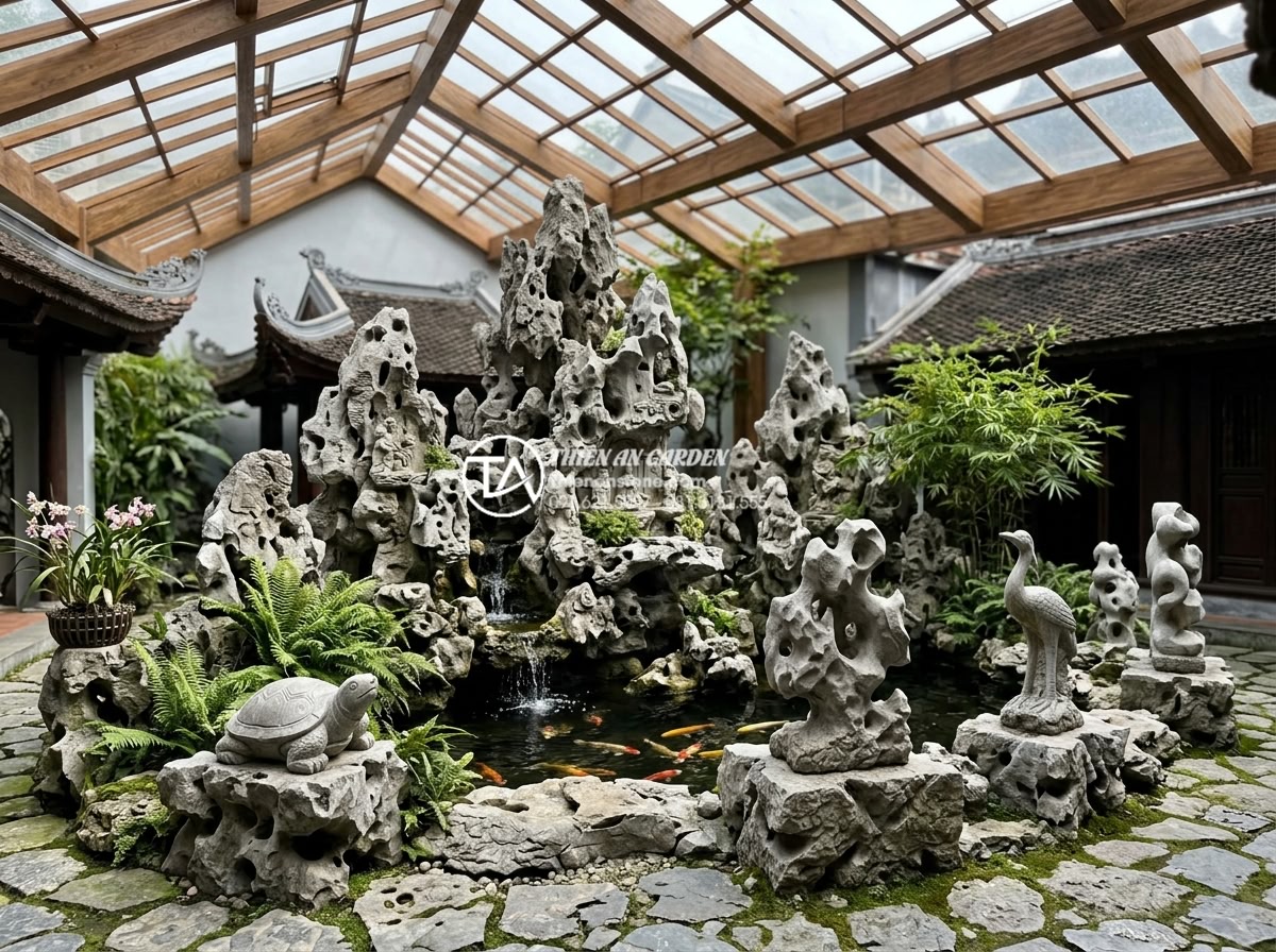 Nên dùng kính cường lực hay tấm nhựa lấy sáng cho mái che giếng trời? - Real project examples of skylight roofs combined with natural stone carvings and