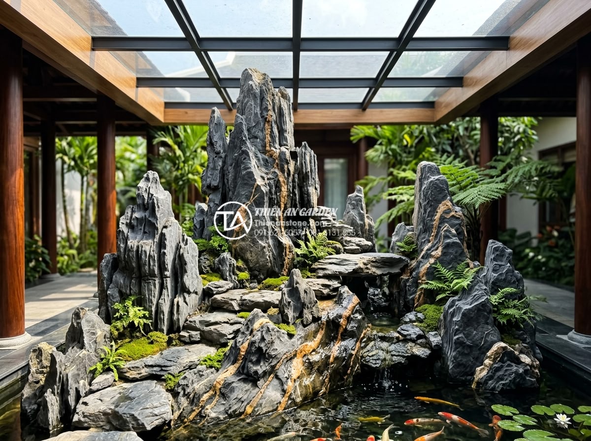Nên dùng kính cường lực hay tấm nhựa lấy sáng cho mái che giếng trời? - Integrated skylight and stone art landscape in luxury resort setting