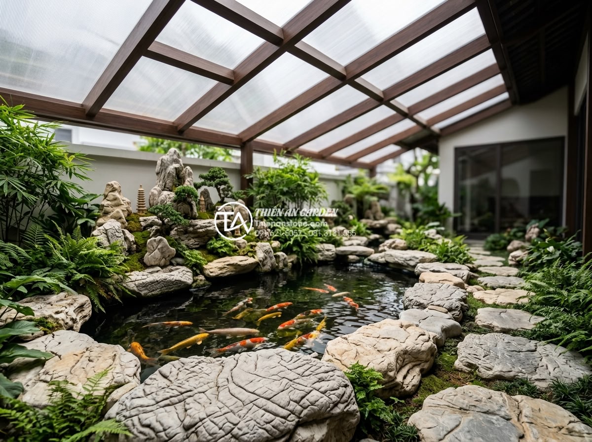 Nên dùng kính cường lực hay tấm nhựa lấy sáng cho mái che giếng trời? - Modern garden skylight using plastic light-transmitting sheets above a koi pond 