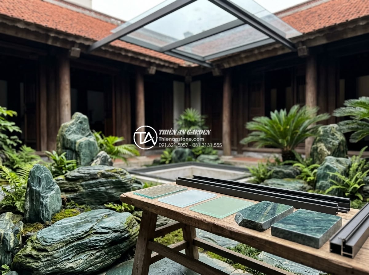 Nên dùng kính cường lực hay tấm nhựa lấy sáng cho mái che giếng trời? - Custom skylight material selection process illustrated with stone garden context