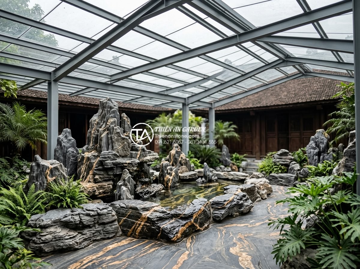 Nên dùng kính cường lực hay tấm nhựa lấy sáng cho mái che giếng trời? - Tempered glass roof structure in a luxurious natural stone courtyard showing lig