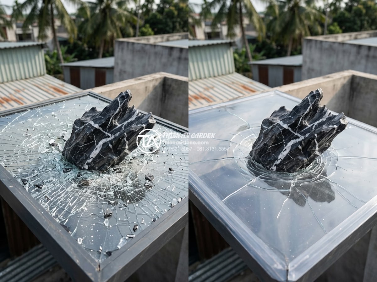Nên dùng kính cường lực hay tấm nhựa lấy sáng cho mái che giếng trời? - Side-by-side durability test comparison between tempered glass and polycarbonate