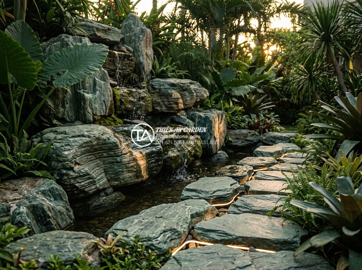 Nghệ thuật sắp đặt tiểu cảnh sân sau biệt thự sang trọng với đá tự nhiên - Hình 2 Nghệ thuật sắp đặt tiểu cảnh sân sau biệt thự sang trọng với đá tự nhiên - Close-up of premium natural stone elements in luxury villa backyard: polished bl