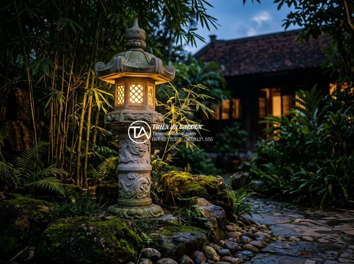 Nghệ thuật sử dụng đèn đá và ánh sáng trong tiểu cảnh sân trước nhà ban đêm - Hình 3 Nghệ thuật sử dụng đèn đá và ánh sáng trong tiểu cảnh sân trước nhà ban đêm - Traditional Japanese-inspired stone lantern glowing at dusk in a Vietnamese fron