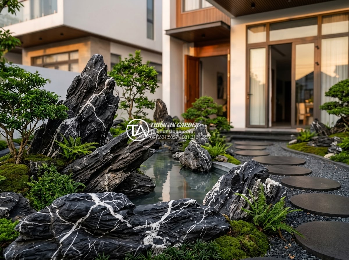 Người mệnh Kim nên chọn loại đá và màu sắc nào cho tiểu cảnh trước nhà? - Beautiful front yard small landscape with perfectly matched white, gray and soft