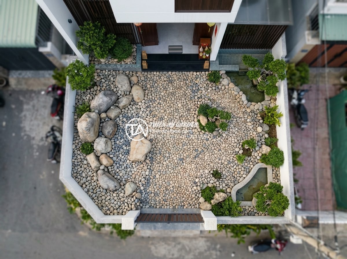 Người mệnh Kim nên chọn loại đá và màu sắc nào cho tiểu cảnh trước nhà? - Aerial view of perfectly positioned front yard small landscape according to feng