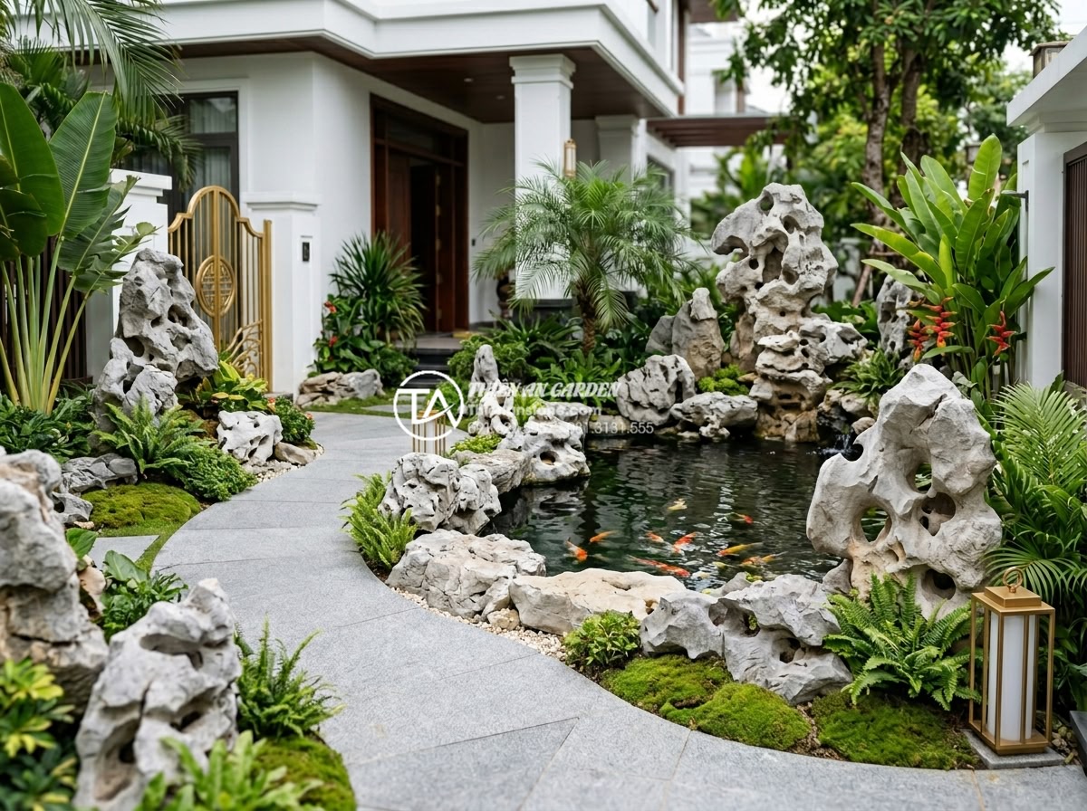 Người mệnh Kim nên chọn loại đá và màu sắc nào cho tiểu cảnh trước nhà? - Luxury front yard small landscape design for large villa with white marble non-b