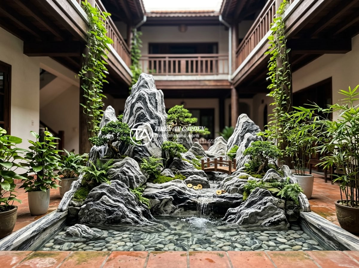 Phong thủy giếng trời: Những điều đại kỵ cần tránh để không hao tài - Hình 11 Phong thủy giếng trời: Những điều đại kỵ cần tránh để không hao tài - Natural stone integrated into beautiful sky well atrium with miniature landscape