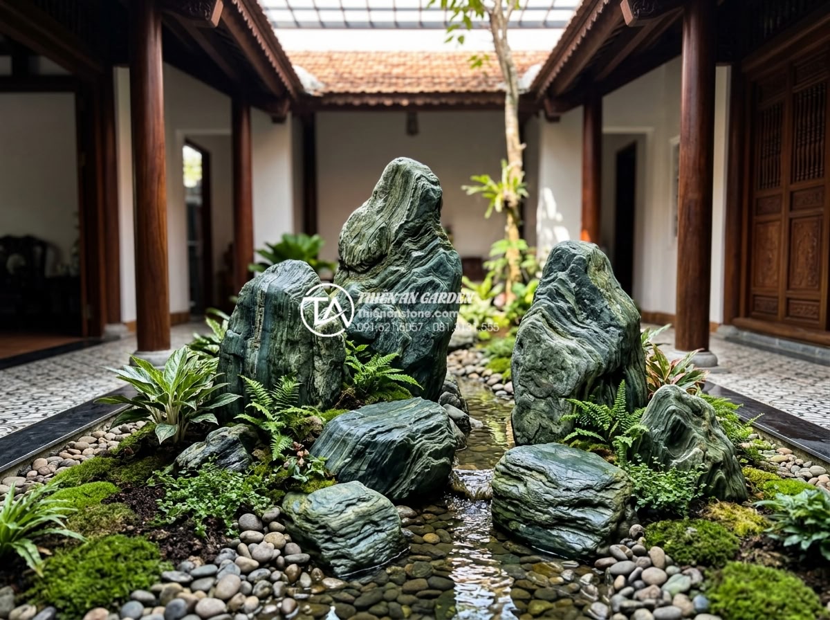 Phong thủy giếng trời: Những điều đại kỵ cần tránh để không hao tài - Hình 12 Phong thủy giếng trời: Những điều đại kỵ cần tránh để không hao tài - Professional installation of natural stone features in a home atrium garden crea