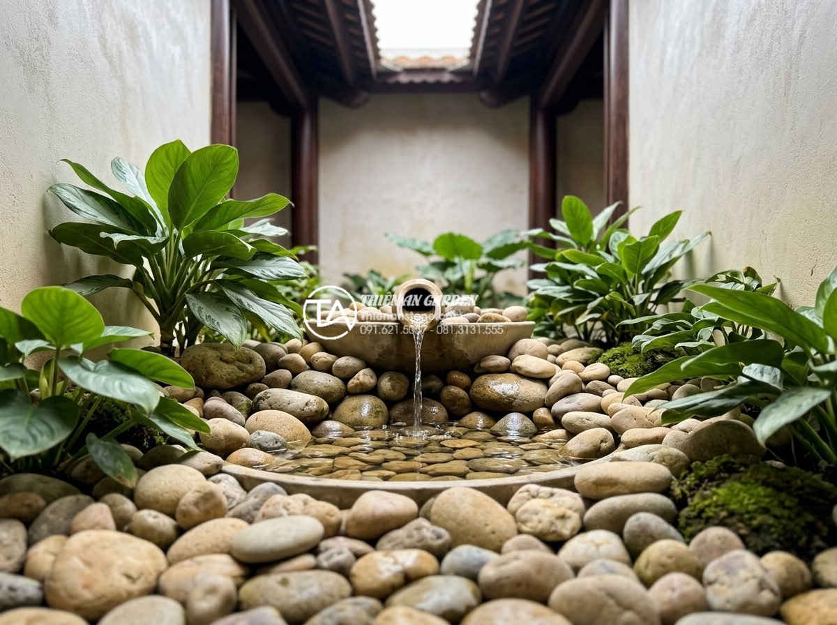 Phong thủy giếng trời: Những điều đại kỵ cần tránh để không hao tài - Hình 14 Phong thủy giếng trời: Những điều đại kỵ cần tránh để không hao tài - Correct gentle water flow and rounded leaf plants combined with stone in sky wel