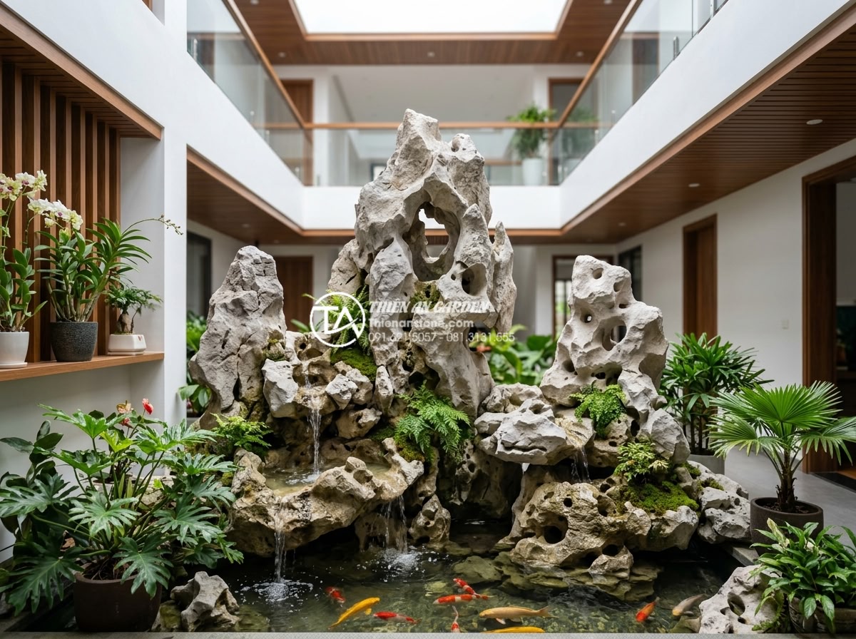 Phong thủy giếng trời: Những điều đại kỵ cần tránh để không hao tài - Hình 2 Phong thủy giếng trời: Những điều đại kỵ cần tránh để không hao tài - Detailed view of modern Vietnamese home light well with integrated natural stone