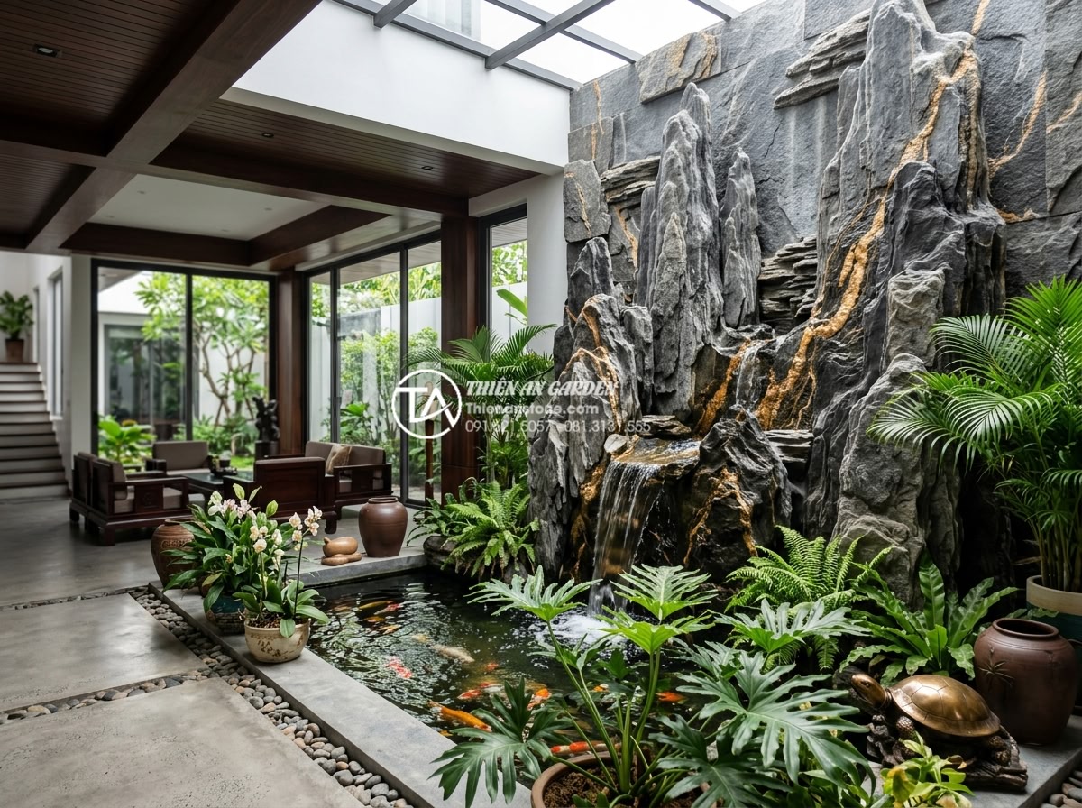 Phong thủy giếng trời: Những điều đại kỵ cần tránh để không hao tài - Hình 3 Phong thủy giếng trời: Những điều đại kỵ cần tránh để không hao tài - Luxurious modern atrium in a Vietnamese villa with natural stone carvings, green